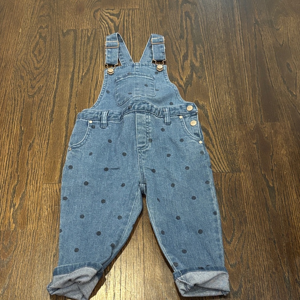 Zara Kids Blue Denim Overalls with Polka Dots Size 2-3T